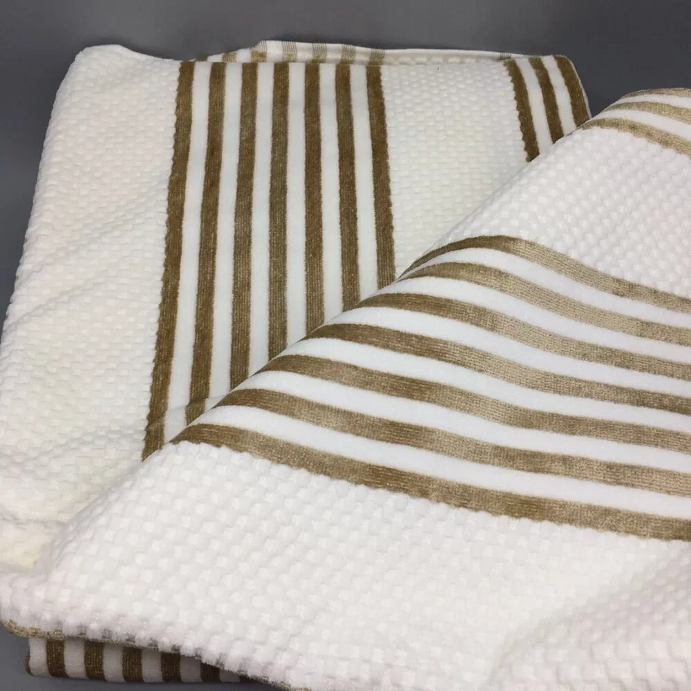 4pc Caro Gold Stripes 2 Bath 2 Hand Towel Set Luxury Velour Soft Cream Cotton